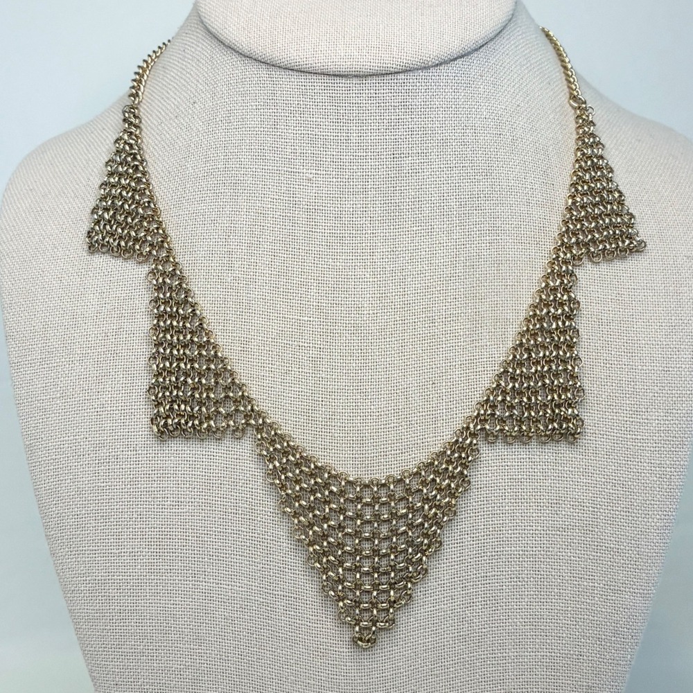 Vintage Bib Necklace Gold Tone Chainmail Mesh Statement Retro Glam 18"